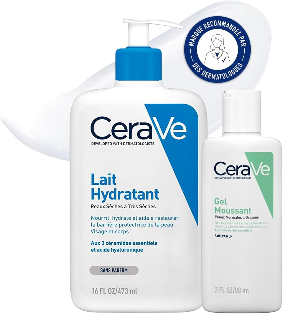 Cerave - Routine Hydratante - Gel Moussant 88 Ml + Lait Hydratant 473 Ml - Nettoie, Hydrate & Préserve La Barrière Cutanée - Soins Aux 3 Céramides Essentiels - Peau Mixte À Grasse