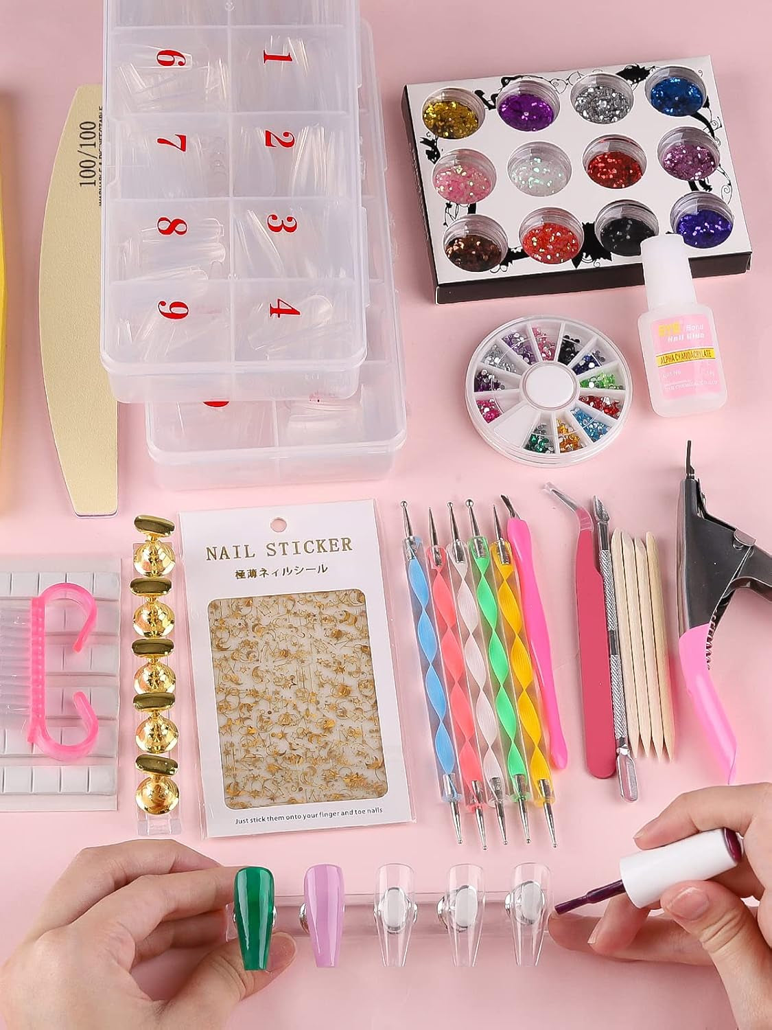 Kit Manucure Ongles Nail Art Tips, 1000 Pièces Clair Capsules Ongles Conseils Kit Poudre Acrylique Pour Allonger Les Ongles Naturels Kit De Nail Art Professionnel