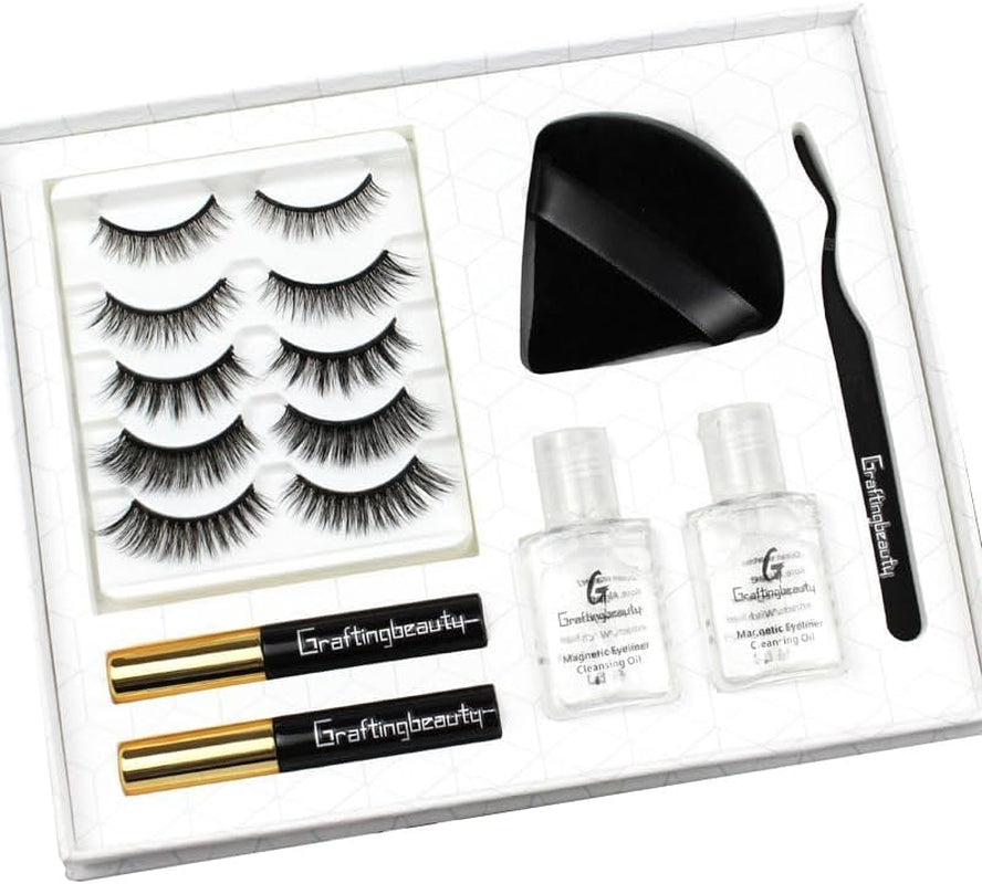 Faux Cils Magnétique Eyeliner Kit, 11 Pièces, 5 Paires De Cils Magnétique, 3D Naturel Faux Cils, Cils Magnétiques Avec 2 Tubes Eye-Liner,Imperméable Et Sans Colle Requise, Réutilisables